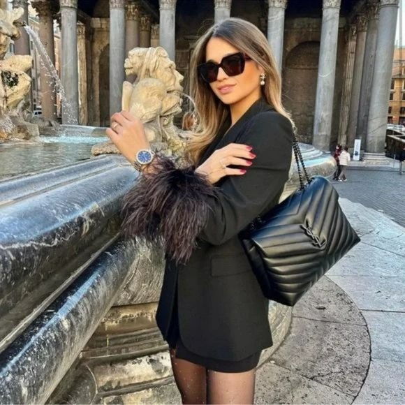 ZARA BLACK STRAIGHT CUT FEATHER BLAZER